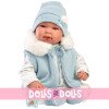 Muñeco Llorens 44 cm - Recién nacido Tino llorón con pelele azul con capucha