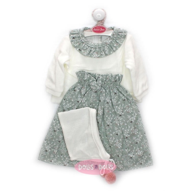 Ropa para muñecos Antonio Juan 52 cm - Colección Mi Primer Reborn - Camisa blanca con cuello verde de flores y falda verde de flores