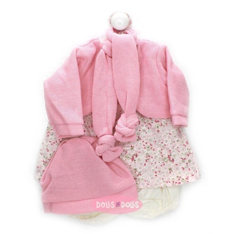 Ropa para muñecos Antonio Juan 52 cm - Colección Mi Primer Reborn - Vestido de flores con chaqueta y gorro rosa