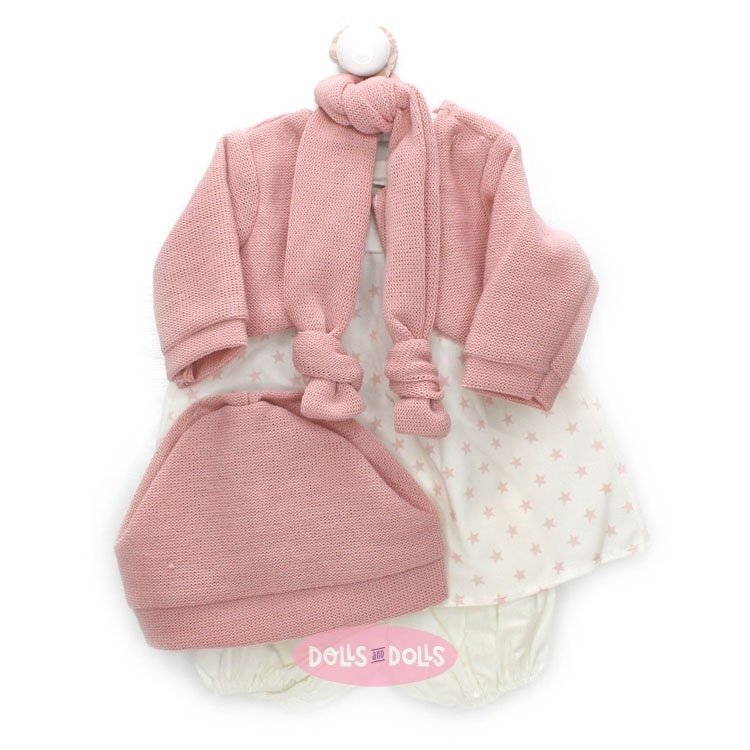 Ropa para muñecos Antonio Juan 52 cm - Colección Mi Primer Reborn - Vestido de estrellitas con chaqueta y gorro rosa