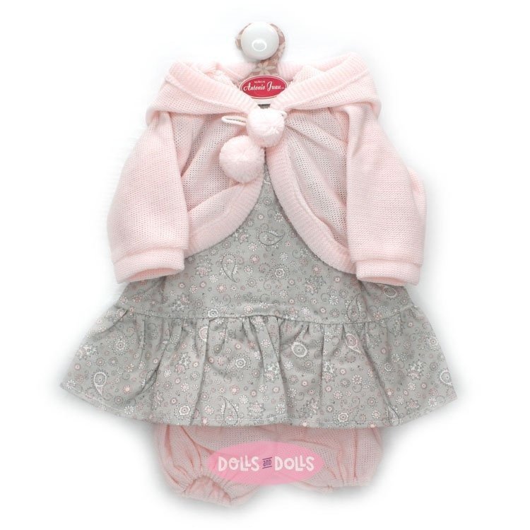 Ropa para muñecos Antonio Juan 52 cm - Colección Mi Primer Reborn - Vestido de flores gris con chaqueta y pantalones rosas