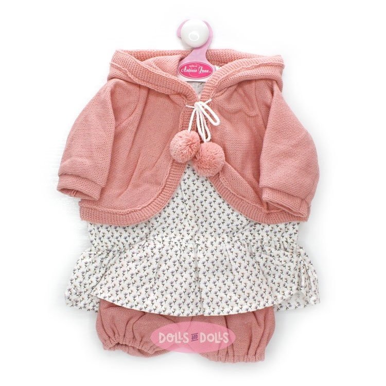 Ropa para muñecos Antonio Juan 52 cm - Colección Mi Primer Reborn - Vestido de pequeñas flores con chaqueta y pantalones color salmón