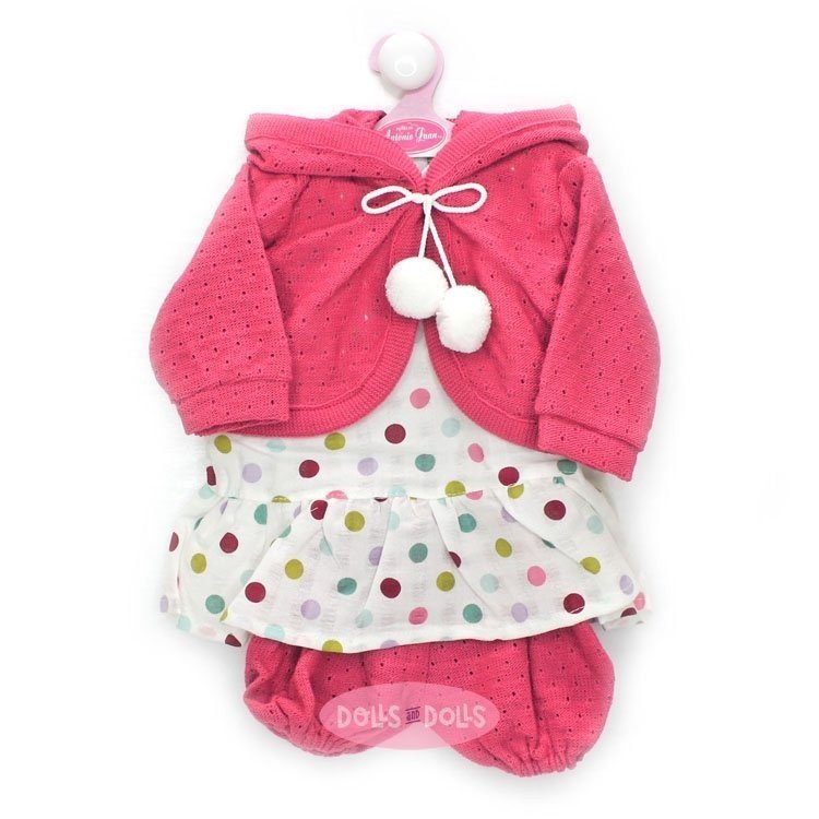 Ropa para muñecos Antonio Juan 52 cm - Colección Mi Primer Reborn - Vestido de lunares de colores con chaqueta y pantalones fucsia