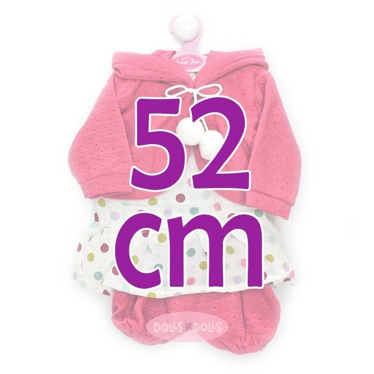 Ropa para muñecos Antonio Juan 52 cm - Colección Mi Primer Reborn - Vestido de lunares de colores con chaqueta y pantalones fucsia