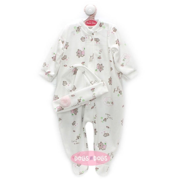 Ropa para muñecos Antonio Juan 52 cm - Colección Mi Primer Reborn - Pijama blanco con patrón de dibujitos