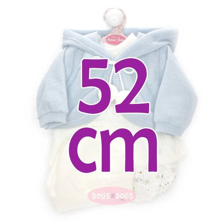 Ropa para muñecos Antonio Juan 52 cm - Colección Mi Primer Reborn - Vestido blanco con chaqueta celeste y gorro blanco