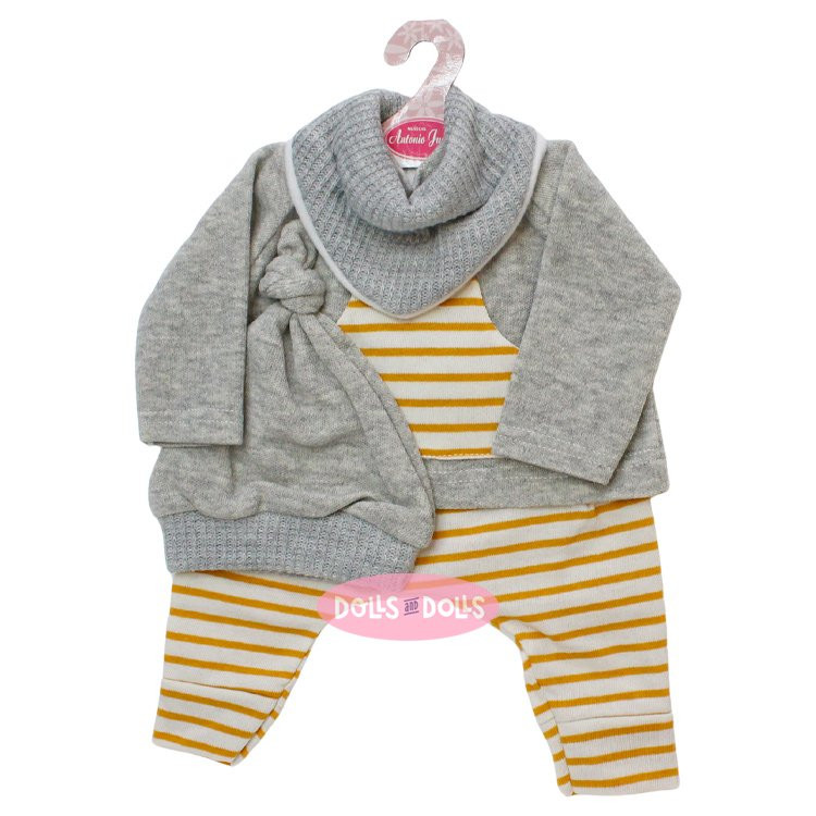 Ropa para muñecos Antonio Juan 40 - 42 cm - Colección Sweet Reborn - Conjunto amarillo a rayas con chaqueta y gorro gris