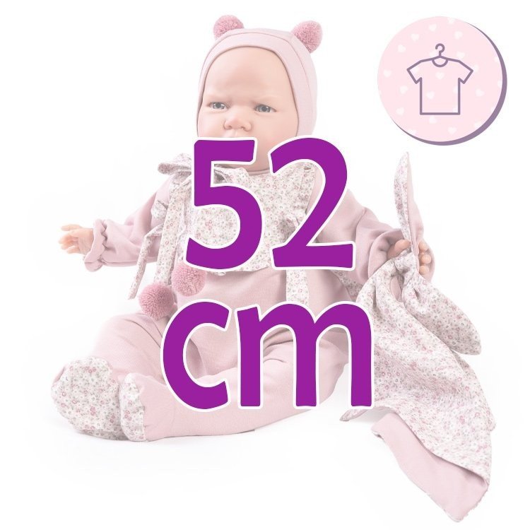 Ropa para muñecos Antonio Juan 52 cm - Colección Mi Primer Reborn - Pijama rosa con florecitas, gorrito y dou-dou
