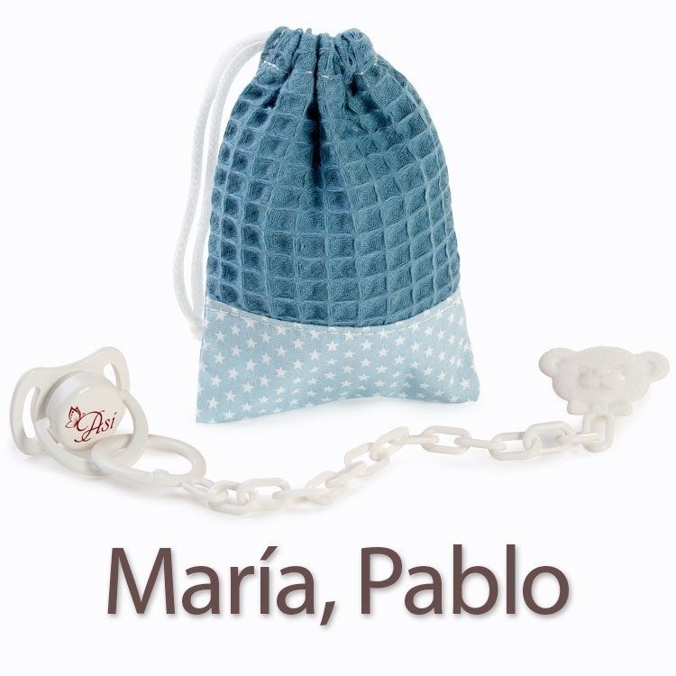 Complementos para muñecas Así María y Pablo - Chupete y bolsa celeste con estrellas blancas