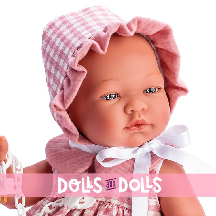 Muñeca Así 43 cm - María con vestido a cuadros rosa con pololo y cuello de gasa rosa