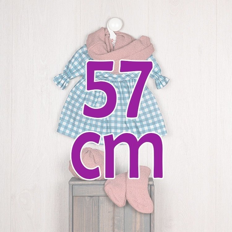 Ropa para Muñecas Así 57 cm - Vestido de cuadros azules, gorro, bufanda y botas lana rosa viejo para muñeca Pepa
