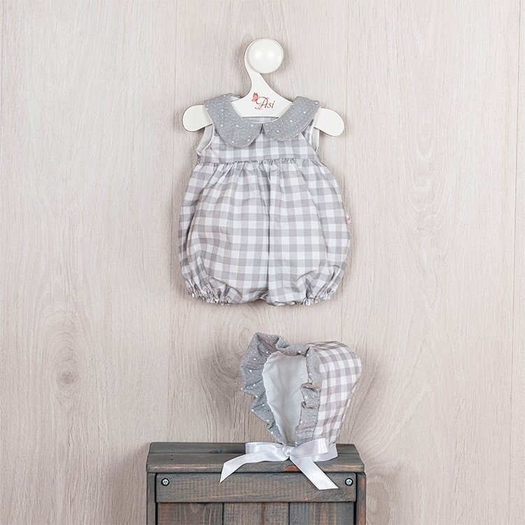 Ropa para Muñecas Así 43 cm - Vestido a cuadros grises con pololo y cuello de gasa gris para muñeco Pablo