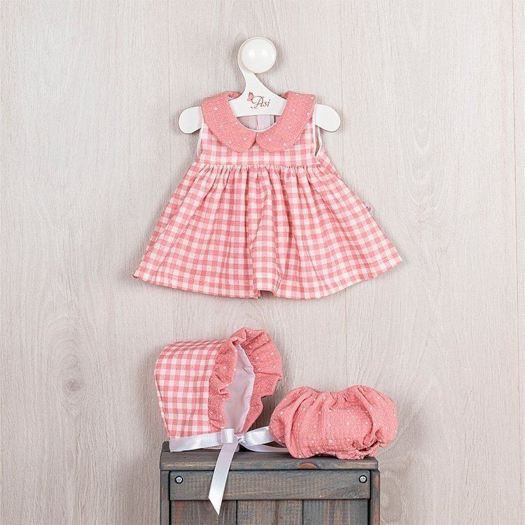 Ropa para Muñecas Así 43 cm - Vestido a cuadros rosa con pololo y cuello de gasa rosa para muñeca María