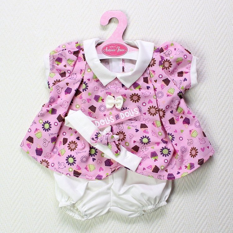Ropa para muñecas Antonio Juan - Vestido rosa con florecitas, cupcakes y diadema 40-42 cm