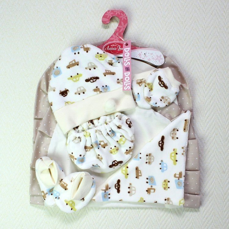 Antonio Juan - Set cochecitos: Sábana, braguita, peúcos, manoplas, gorro y pañuelo 33-34 cm