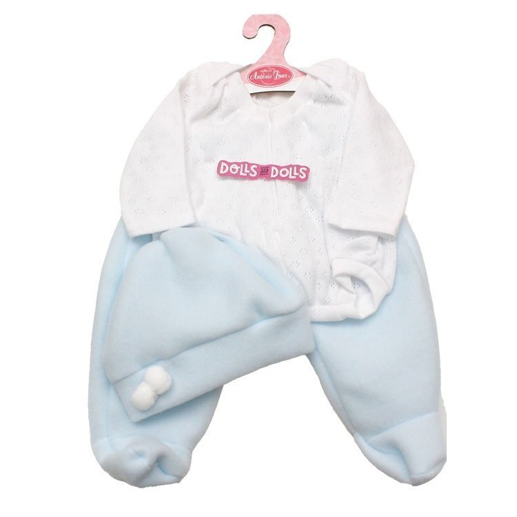Ropa para muñecos Antonio Juan 40-42 cm - Body blanco de manga larga con leggings y gorro celeste