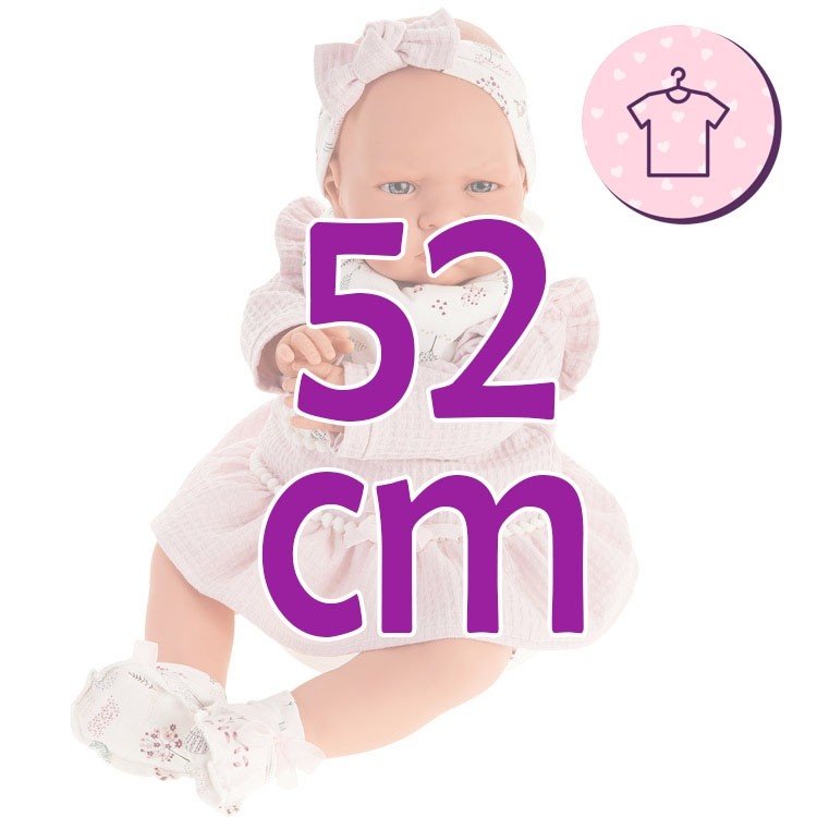 Ropa para muñecos Antonio Juan 52 cm - Colección Mi Primer Reborn - Vestido rosa con diadema estampada, babero y peúcos