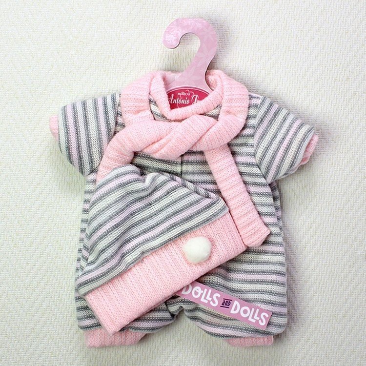 Ropa para muñecos Antonio Juan - Pelele rayas rosa-gris con gorro y bufanda 33-34 cm