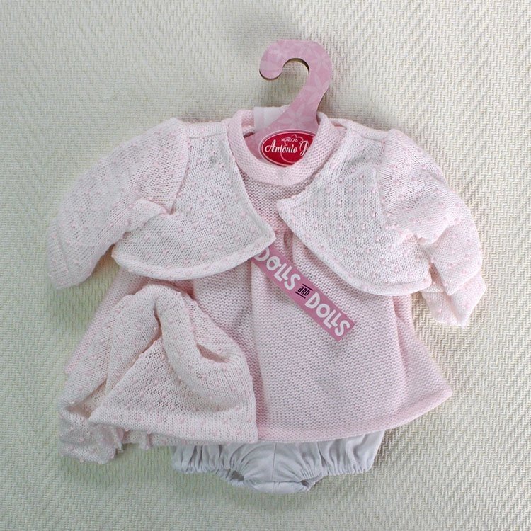 Ropa para muñecas Antonio Juan 33-34 cm - Vestido rosa de punto con chaqueta y gorro moteados