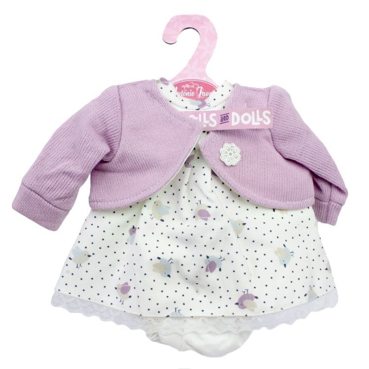 Ropa para muñecas Antonio Juan 33-34 cm - Vestido estampado de pajaritos con chaqueta lila
