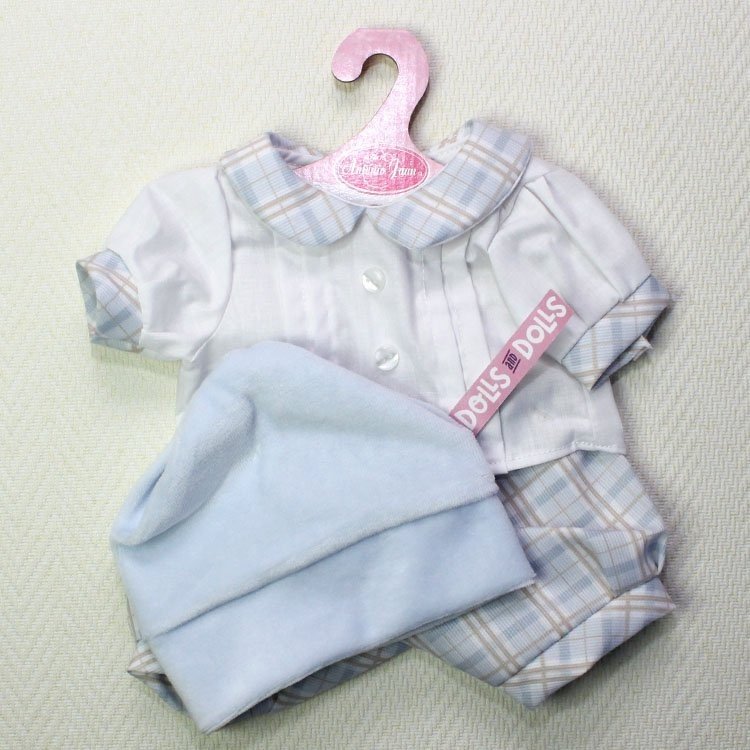 Ropa para muñecos Antonio Juan - Conjunto blanco de cuadros con gorro celeste 40-42 cm