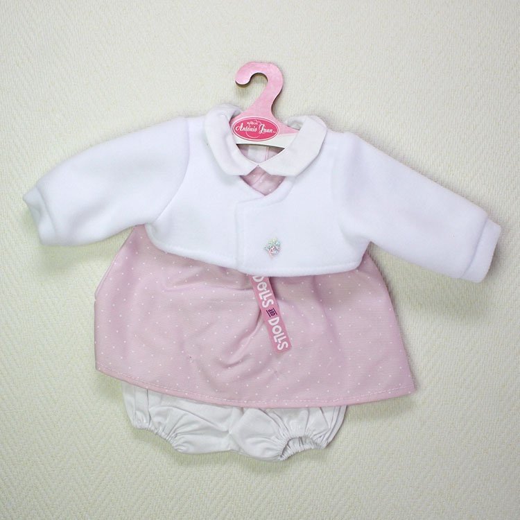Ropa para muñecas Antonio Juan - Vestido rosa con lunares y chaqueta blanca 40-42 cm