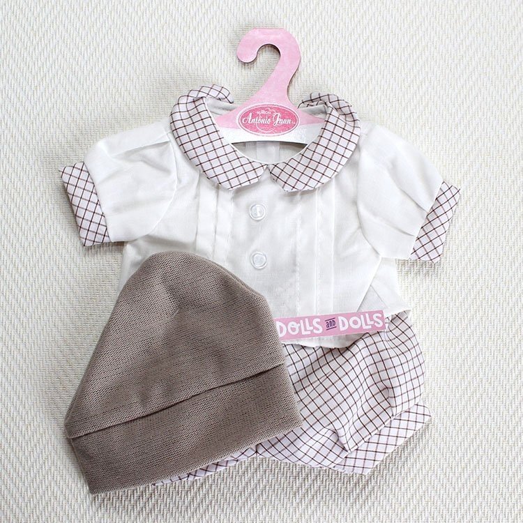 Ropa para muñecos Antonio Juan - Conjunto blanco de cuadros con gorro marrón 40-42 cm