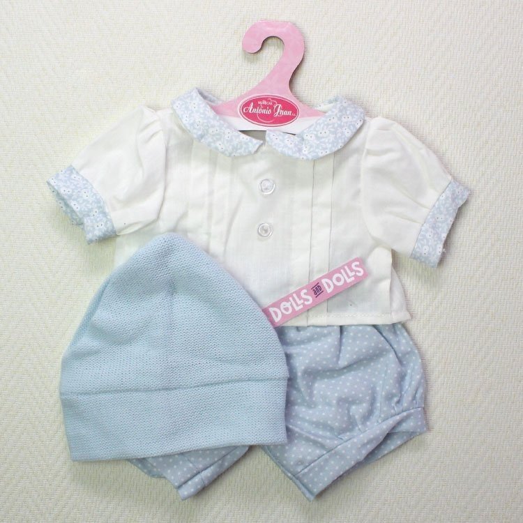 Ropa para muñecas Antonio Juan - Conjunto celeste y blanco con lunares, flores y gorro celeste 40-42 cm