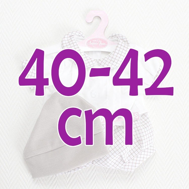 Ropa para muñecos Antonio Juan - Conjunto blanco de cuadros con gorro marrón 40-42 cm