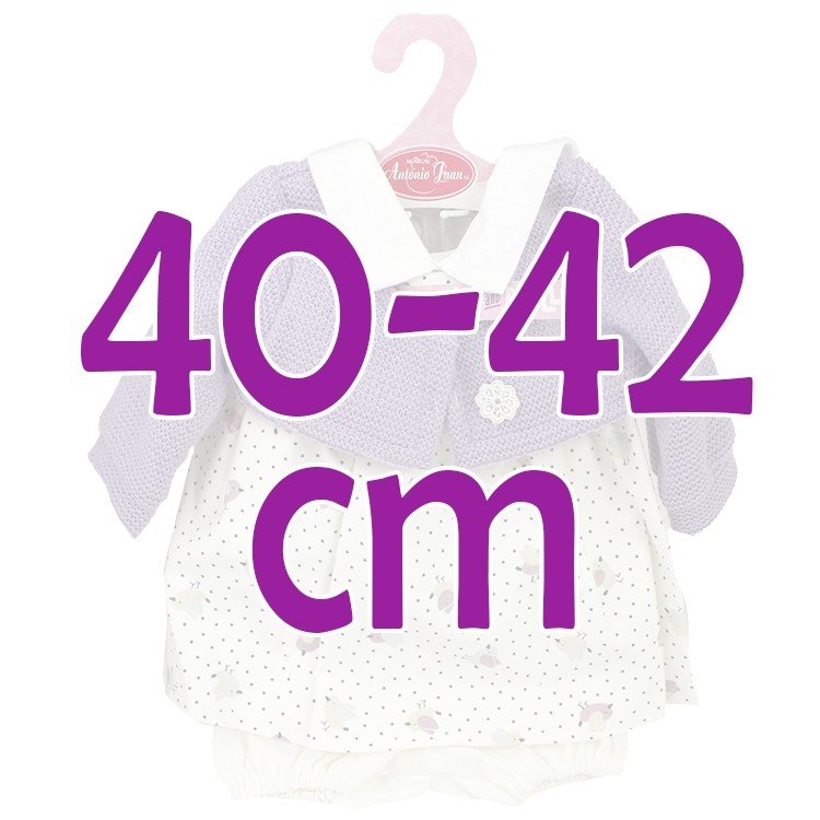 Ropa para muñecos Antonio Juan 40-42 cm - Conjunto estampado de pajaritos con chaqueta malva