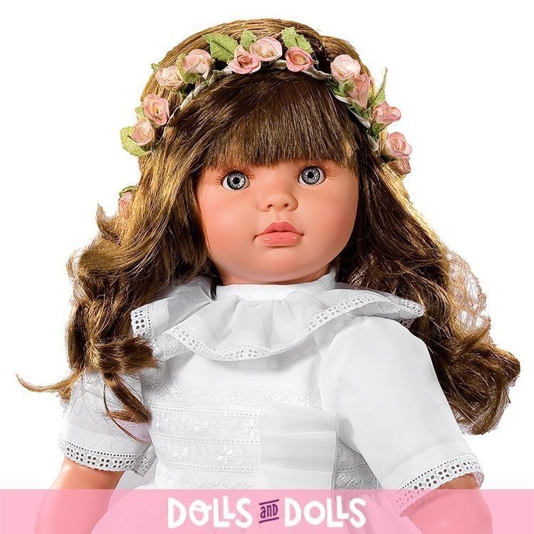 Muñeca Así 57 cm - Pepa Comunión entredós bordado con corona de flores y peana