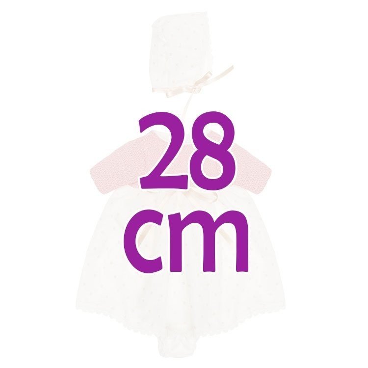 Ropa para Muñecas Así 28 cm - Vestido con faldón de plumeti beige y punto rosa con gorro para muñeca Gordi