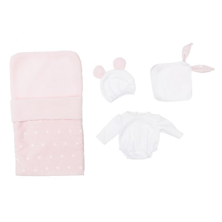 Ropa para Muñecas Así 28 cm - Body blanco con nana de corazones rosa, pañuelo y gorro para muñeca Gordi