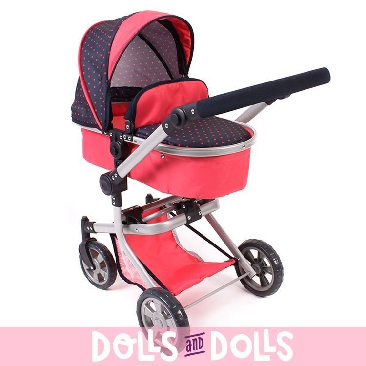 Cochecito Mika 74,5 cm convertible a sillita para muñecas - Bayer Chic 2000 - Lunares marino-coral