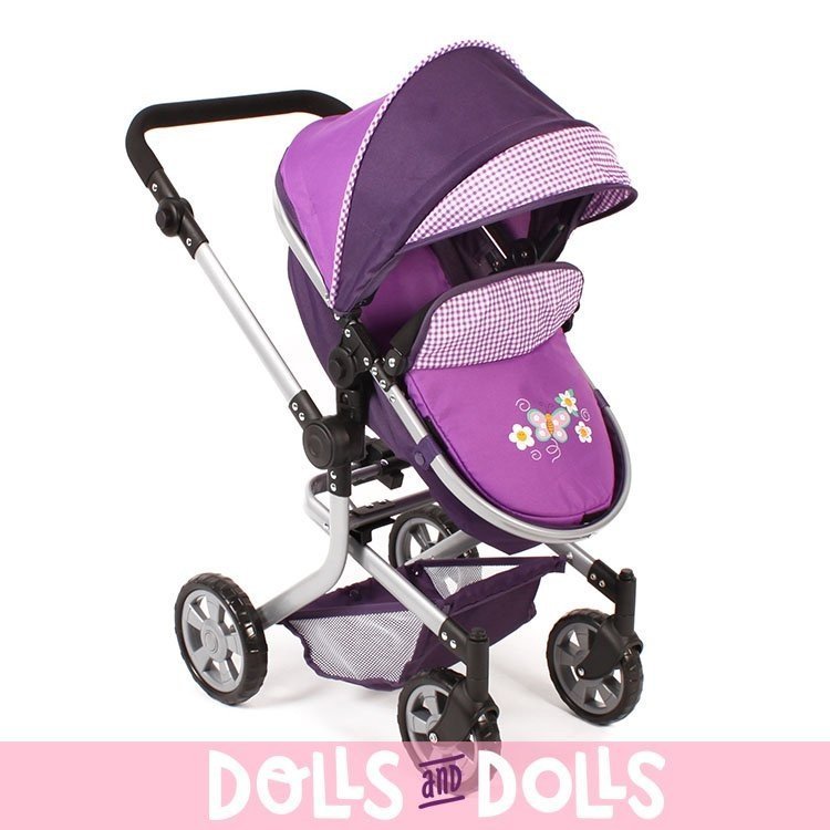 Cochecito Mika 74,5 cm convertible a sillita para muñecas - Bayer Chic 2000 - Morado cuadros-mariposa