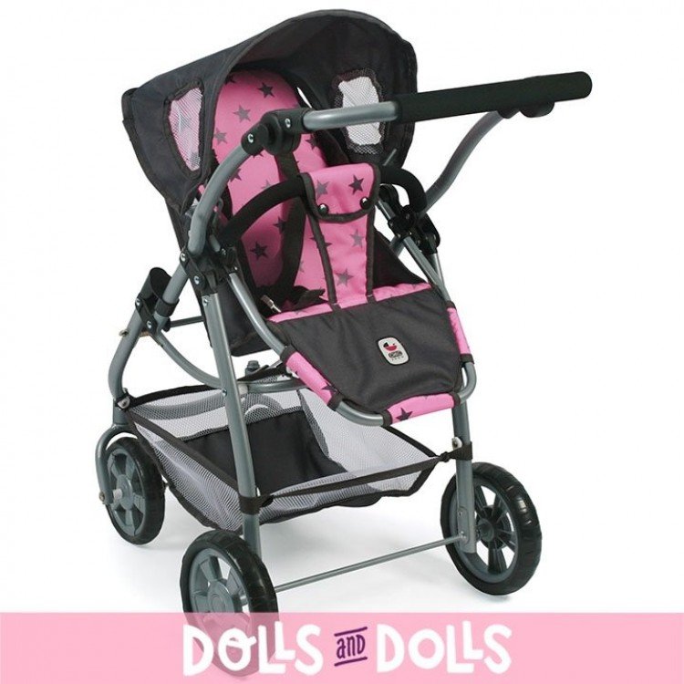 Cochecito 77 cm Emotion 3 en 1 para muñecas - Combi silla, capazo y silla de auto Bayer Chic 2000 - Estrellas grises