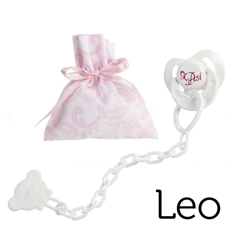 Complementos para muñecas Así Leo - Chupete con pinza y bolsa de cachemir rosa y blanco