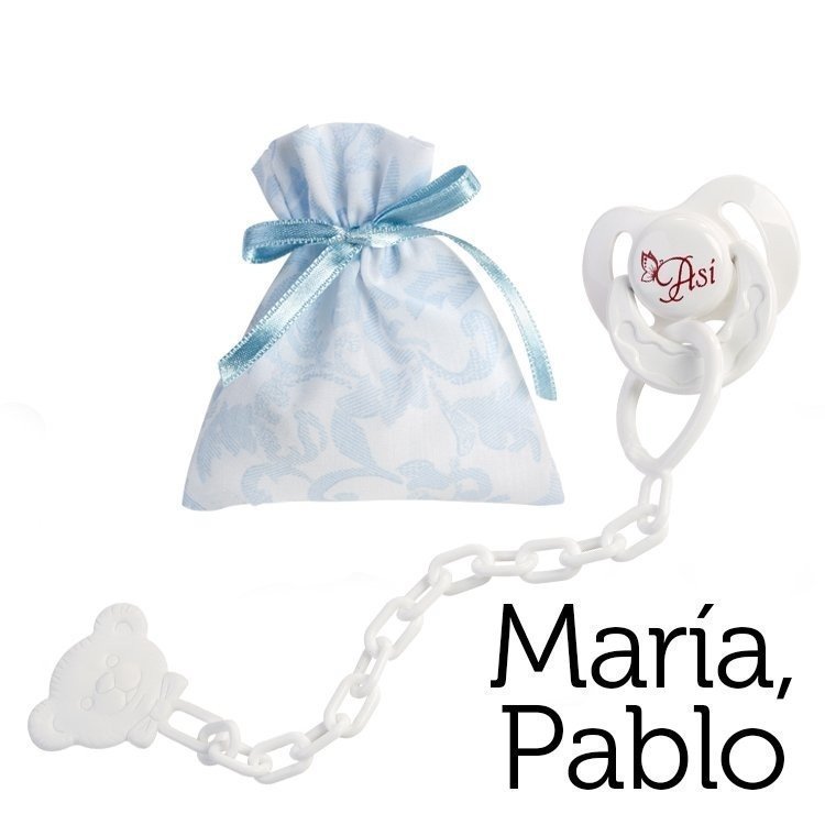 Complementos para muñecas Así María y Pablo - Chupete con pinza y bolsa de cachemir celeste y blanco