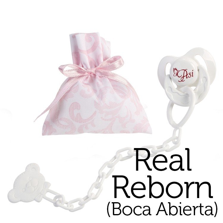 Complementos para muñecas Así Real Reborn con la boca abierta - Chupete mariposa con pinza y bolsa de cachemir rosa y blanco