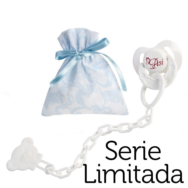Complementos para muñecas Así Reborn Serie Limitada - Chupete con pinza y bolsa de cachemir celeste y blanco