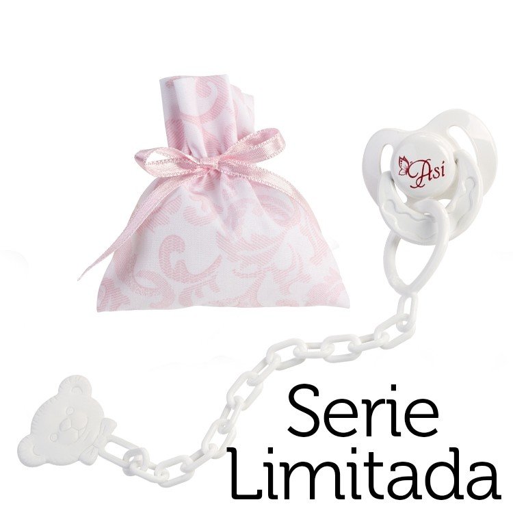 Complementos para muñecas Así Reborn Serie Limitada - Chupete con pinza y bolsa de cachemir rosa y blanco