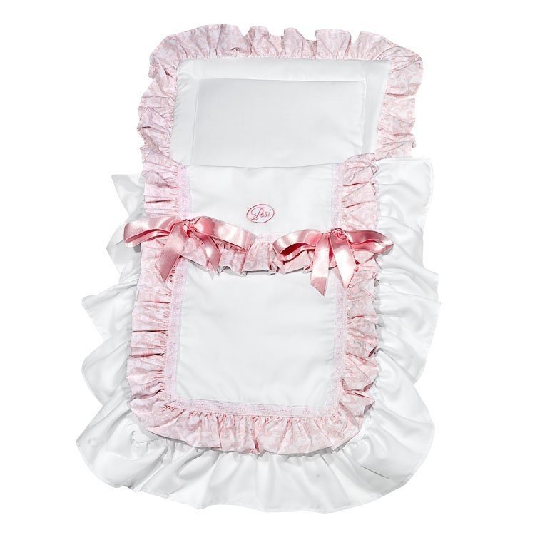 Complementos muñecas Así - Saco para cochecito en pique blanco con volante cachemir rosa y blanco