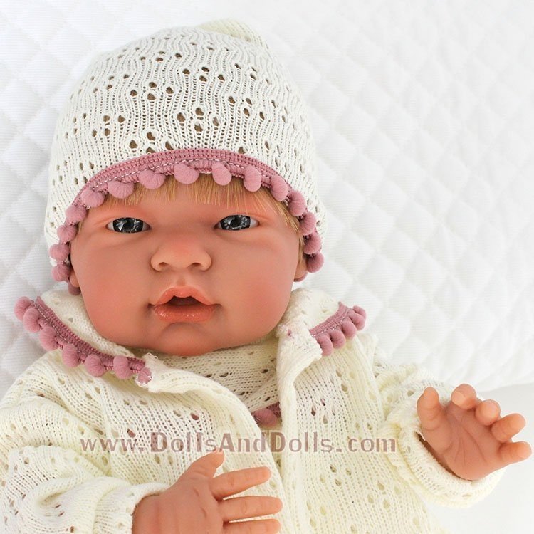 Mío Mío - Bebé Vestido beige punto calado Ribete rosa Muñeca
