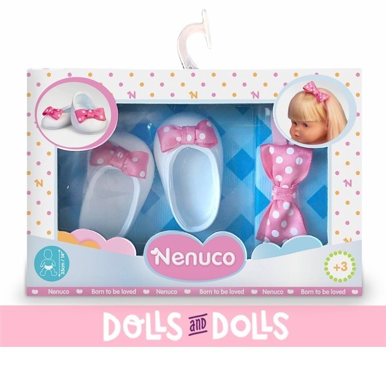 Zapatos y accesorios de 35 cm para muñeco Nenuco - Zapatos blancos con lazo rosa y diadema