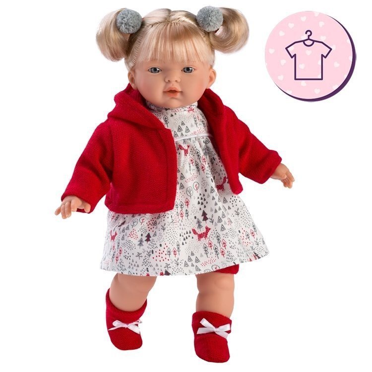Ropa para Muñecas Llorens cm - Vestido estampado con chaqueta y peúcos rojos - And Dolls - Tienda de Muñecas de Colección