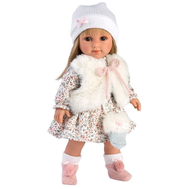 Muñeca Llorens 35 cm - Elena con vestido de flores y chaleco blanco