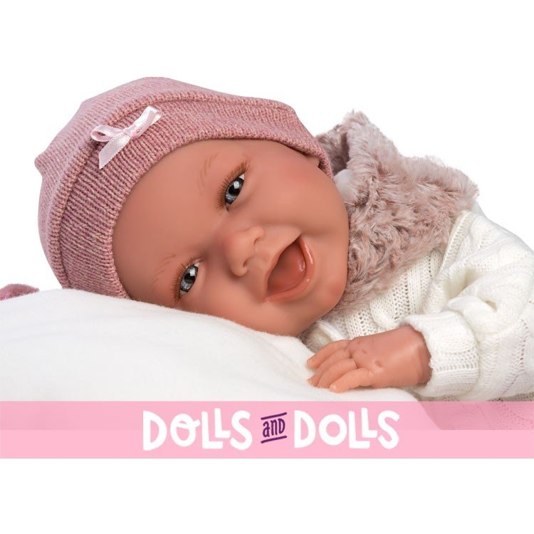 Muñeca Llorens 42 cm - Recién nacida Mimi sonrisas con sillita rosa