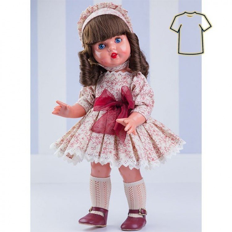 Ropa para muñeca Mariquita Pérez 50 cm - Vestido beige con flores bourdeos