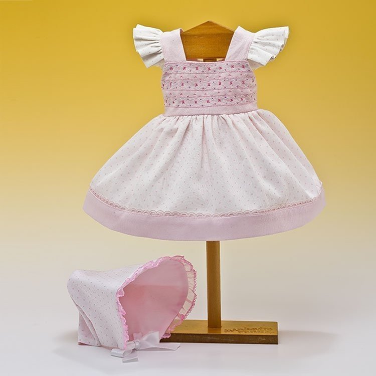 Ropa para muñeca Mariquita Pérez 50 cm - Vestido blanco topos rosa con capota