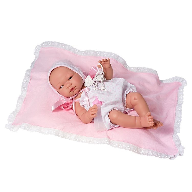 Muñeca Así 43 cm - María con pelele blanco con estrellas rosas con mantita
